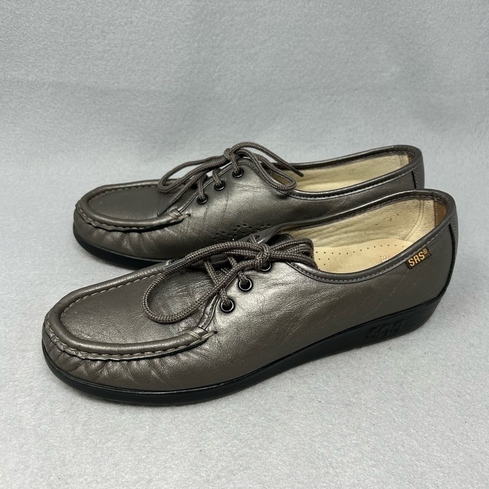SAS Siesta Lace Up Loafer Pewter Metallic Leather Comfort Womens Shoes Size 8S